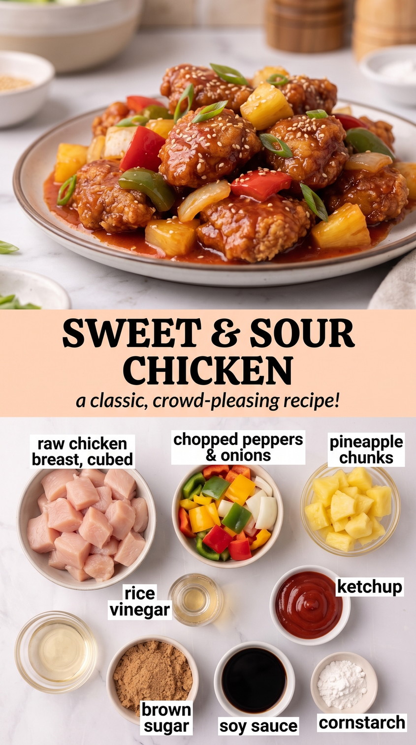 How to make sweet and sour chicken finished dish made with raw chicken breast cubes, chopped peppers and onions, and pineapple chunks