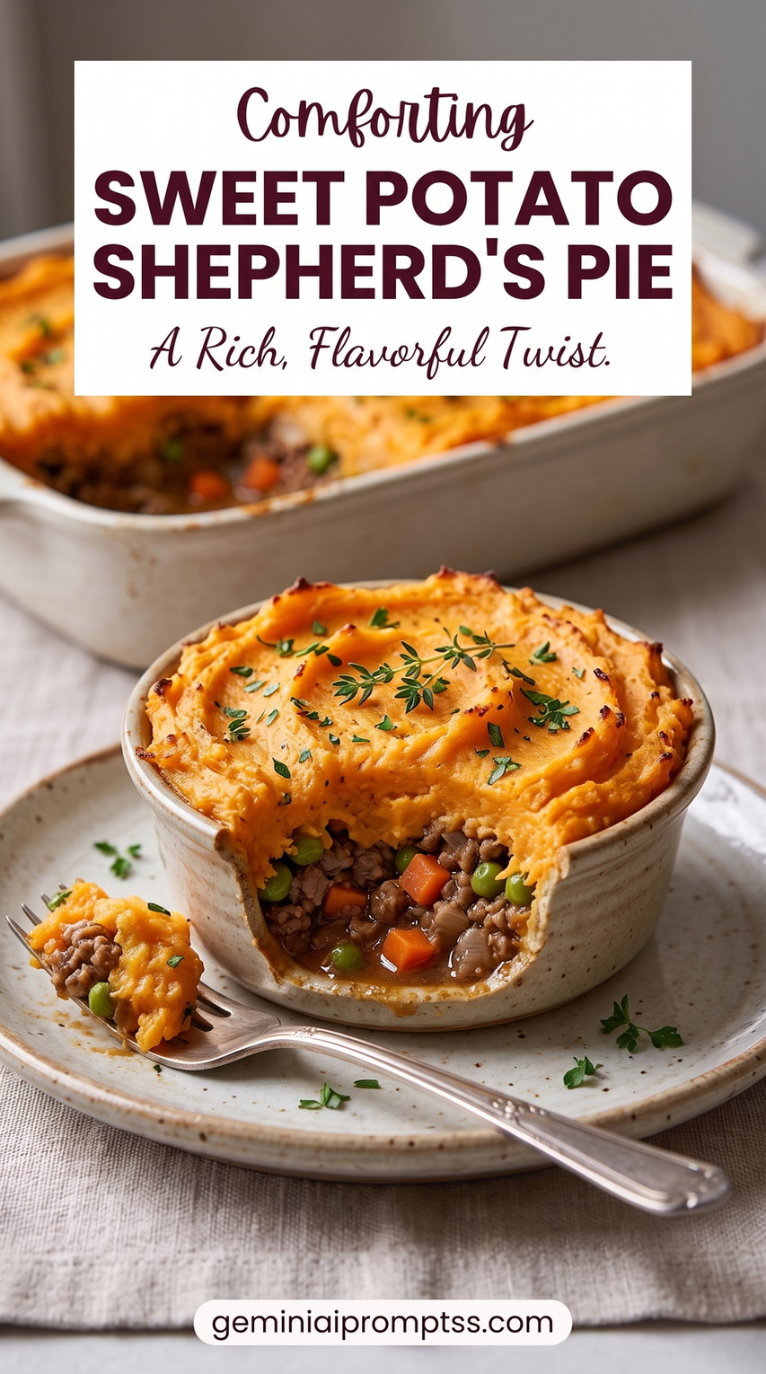 Sweet potato shepherd's pie recipe showing savory beef and vegetables under a browned sweet potato mash