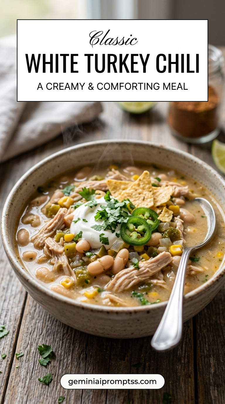 White Turkey Chili Recipe showing white turkey chili with white beans, corn, green chiles, sour cream, jalapeño, tortilla chips, and cilantro
