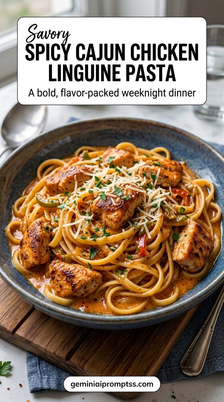 Spicy Cajun Chicken Linguine Pasta In Creamy Garlic Parmesan finished recipe with garlic for a warm savory flavor