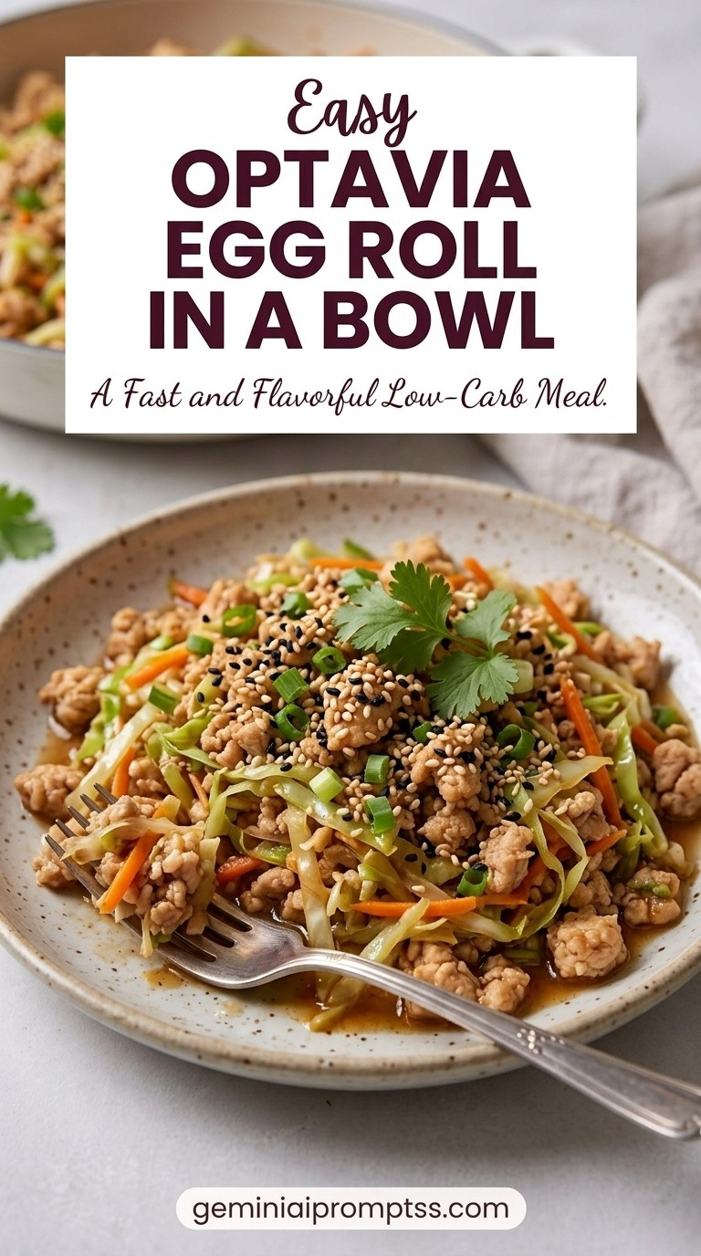 Optavia Egg Roll in a Bowl showing extra-lean ground turkey with cabbage, carrots, onion, ginger, garlic, scallions, sesame, and savory sauce