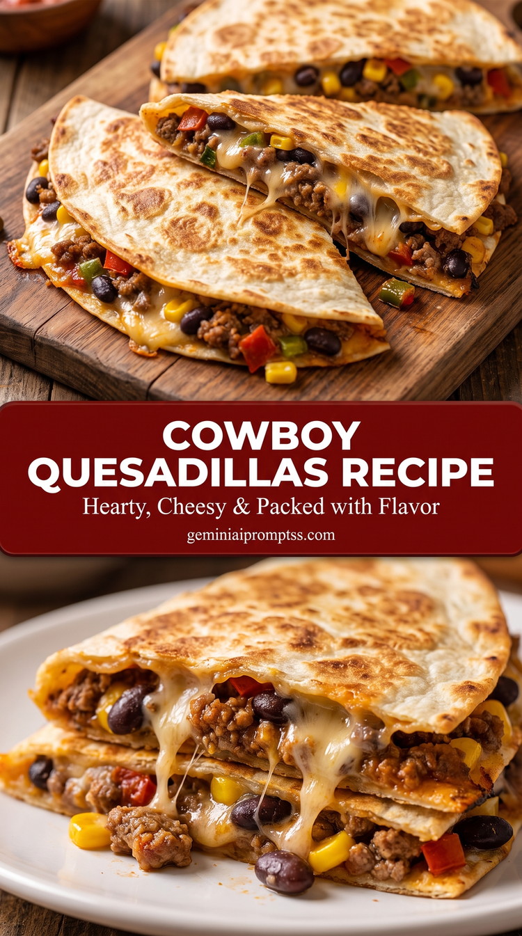 Cowboy quesadillas recipe showing browned tortilla wedges with a melted savory filling