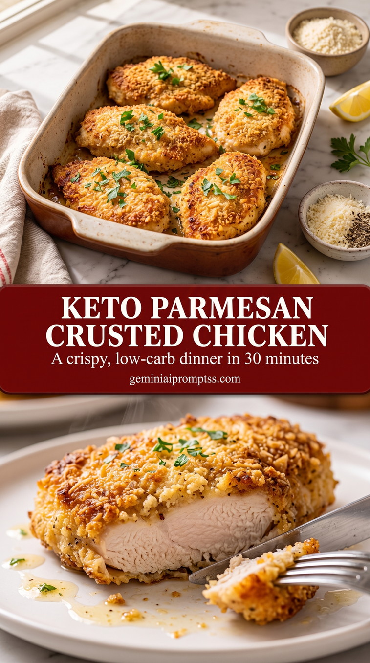 Keto Parmesan Crusted Chicken with Almond Flour finished dish with golden Parmesan crust on chicken with a fine crumb texture