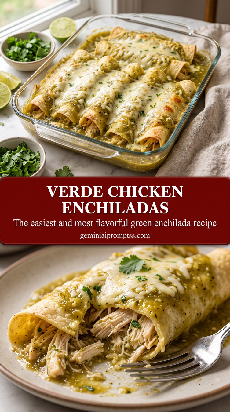 Verde Chicken Enchiladas with rolled chicken enchiladas with a green sauce and melted cheese