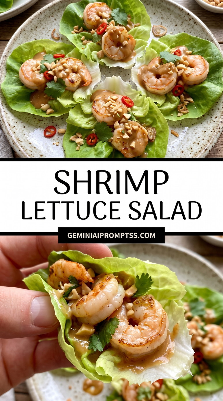 Shrimp Lettuce Salad Recipes showing whole shrimp arranged in butter lettuce cups with small crunchy toppings and green garnish
