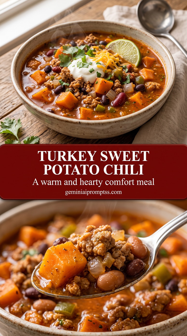 turkey sweet potato chili recipe with a turkey chili with large sweet potato cubes, kidney beans, tomato, peppers, sour cream, cheddar, lime, and herbs
