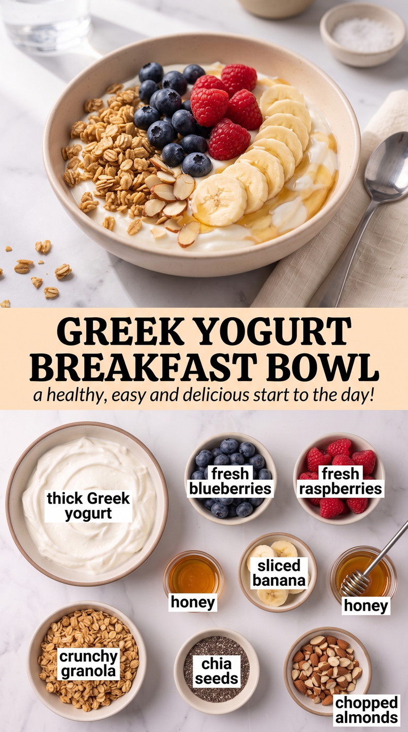 Greek Yogurt Breakfast Bowl showing Greek yogurt with blueberries, raspberries, banana, granola, almonds, chia, and honey