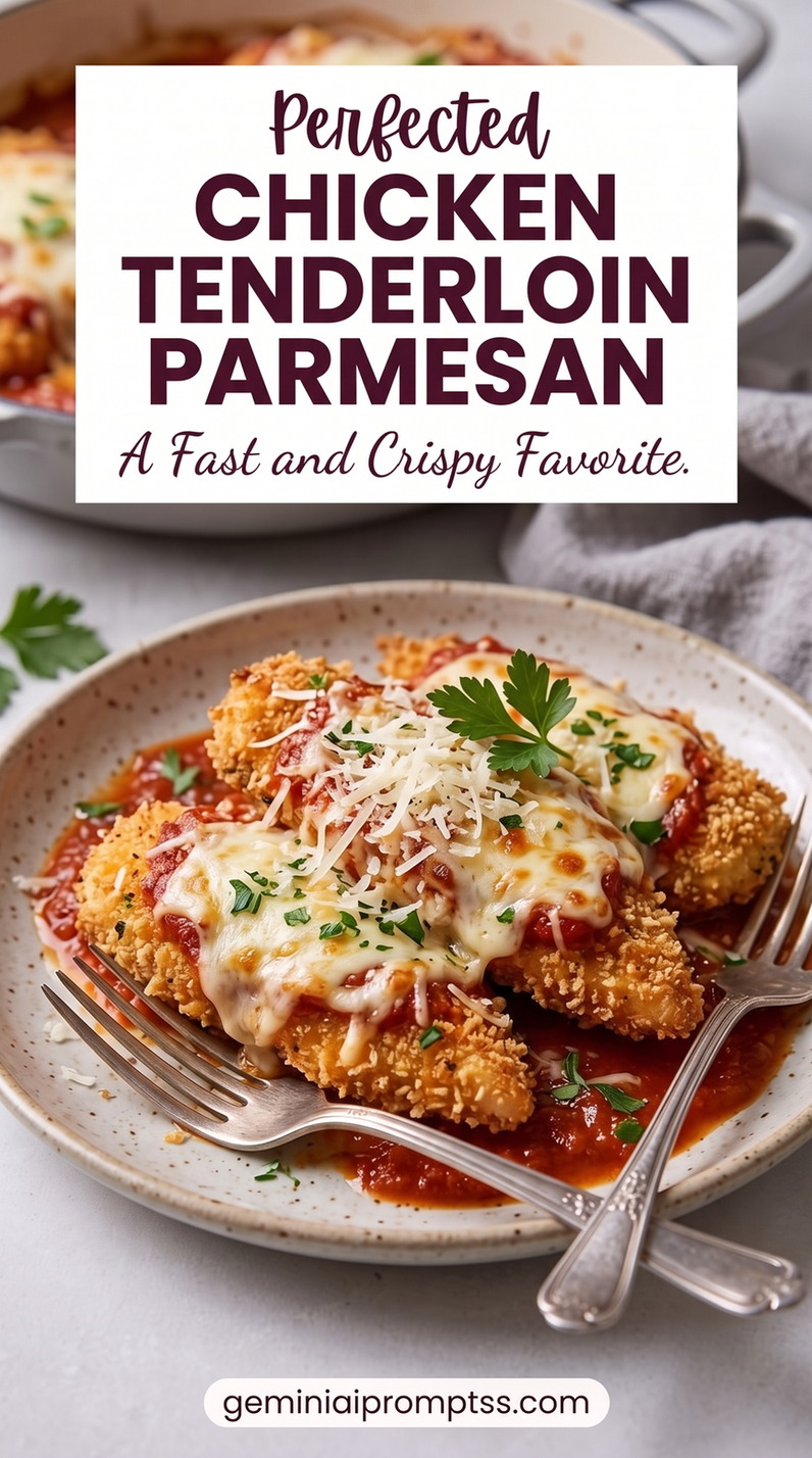 Chicken Tenderloin Parmesan Recipe with golden chicken cutlets with a red tomato sauce, melted cheese, Parmesan, and a fresh green herb garnish