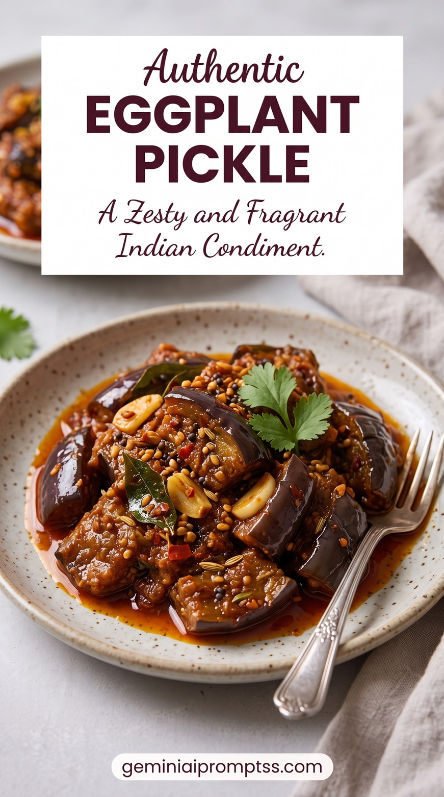 Spiced Indian Eggplant Pickle showing spiced eggplant pickle with chunky eggplant, garlic, chili, and herbs