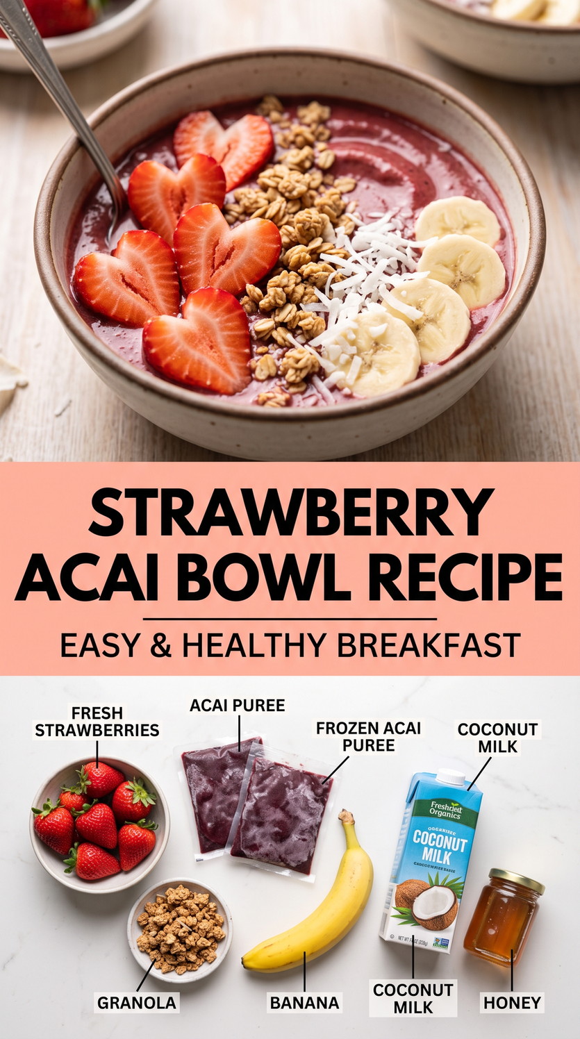 Strawberry Acai Bowl Recipe with strawberry acai with coconut milk, banana, granola, honey, and fresh strawberries