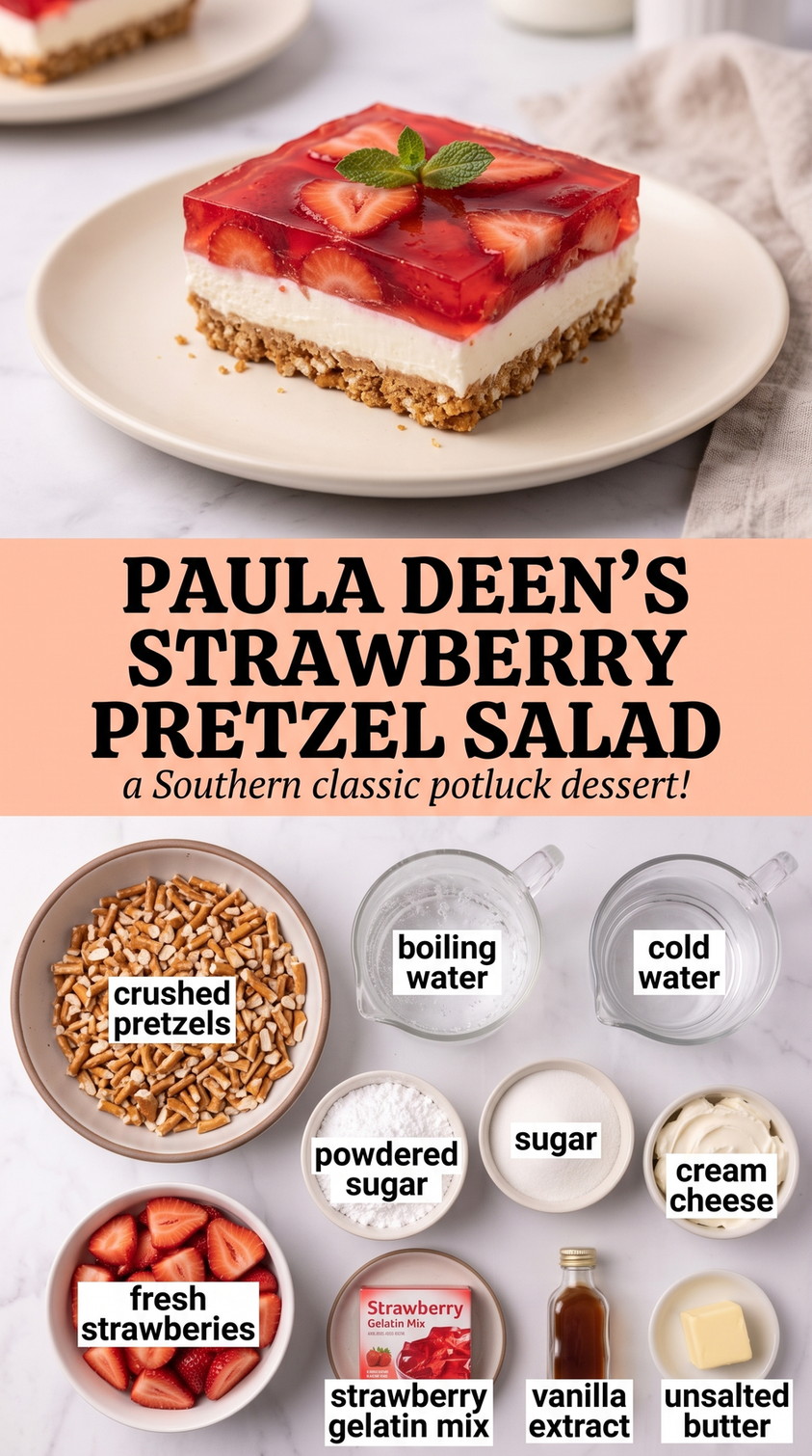 Paula Deen Strawberry Pretzel Salad with strawberry pretzel salad with a crisp pretzel crust, sweet vanilla cream cheese, and bright strawberry gelatin