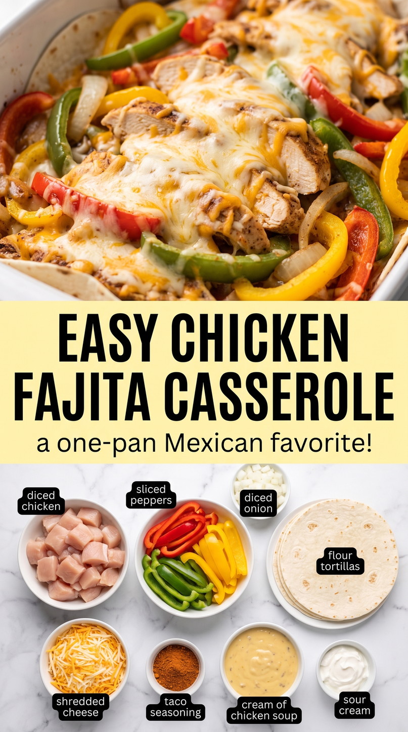 Easy chicken fajita casserole showing a baked chicken fajita casserole with tortillas, peppers, onions, and melted cheese
