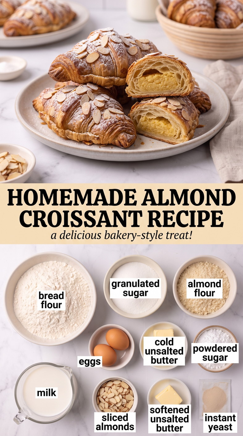 Homemade Almond Croissant Recipe showing homemade laminated almond croissants with visible honeycomb layers and almond topping