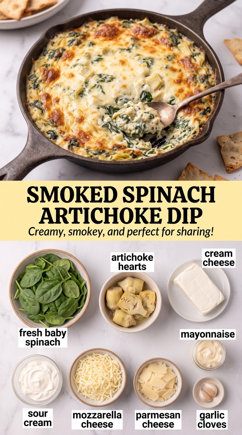 Smoked spinach artichoke dip finished dish made with fresh baby spinach, artichoke hearts, and cream cheese