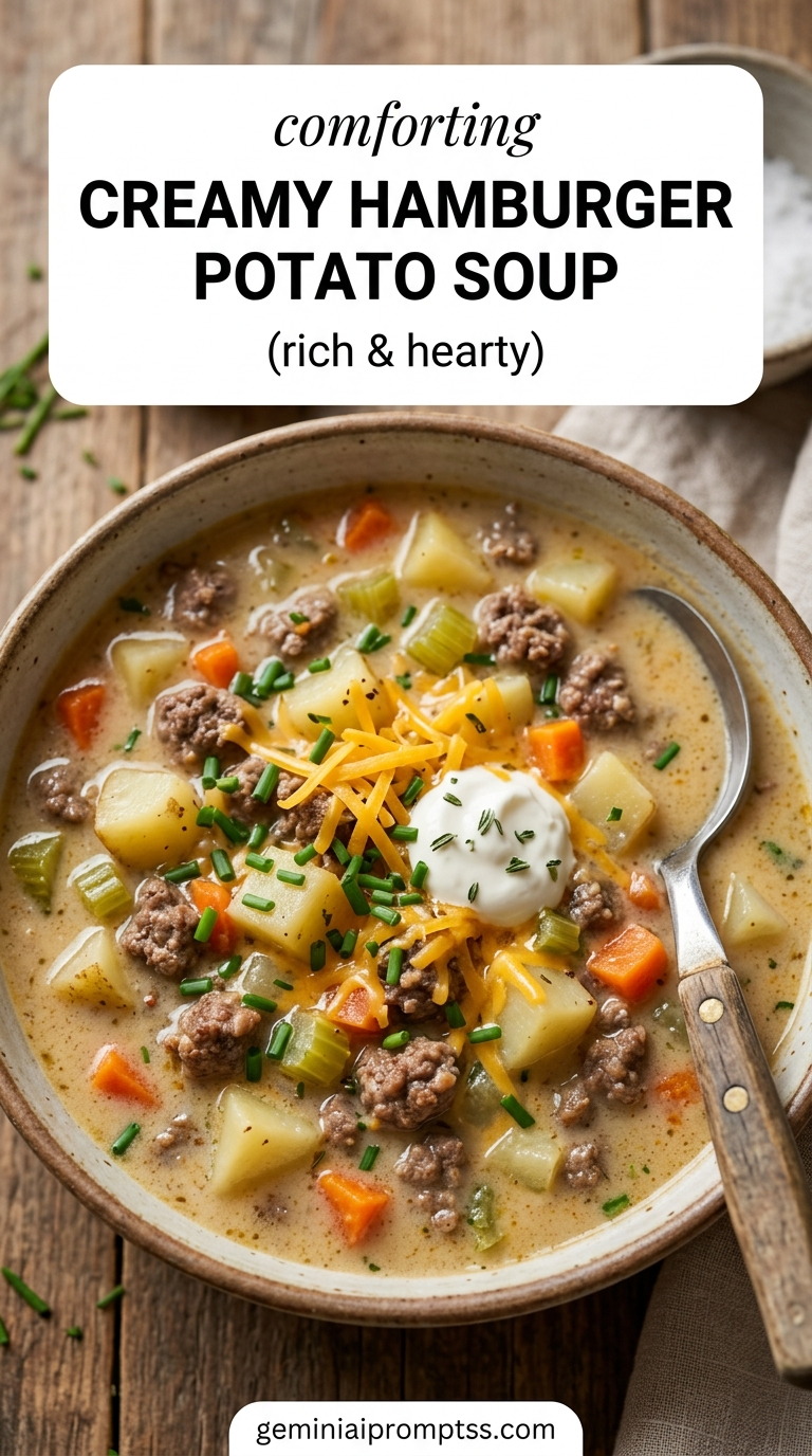 Creamy Hamburger Potato Soup showing a rich creamy hamburger potato soup with beef, potatoes, carrots, cheddar, sour cream, and green onions