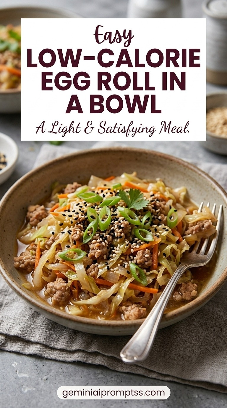 Low-calorie Egg Roll in a Bowl showing lean ground chicken with cabbage, carrots, onion, ginger, garlic, scallions, sesame, and savory sauce