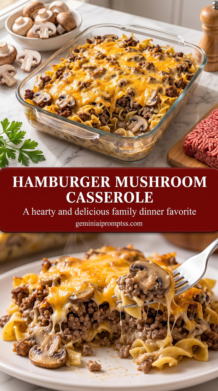 hamburger mushroom casserole with a hamburger mushroom casserole with egg noodles, ground beef, sliced mushrooms, melted cheddar, and herbs