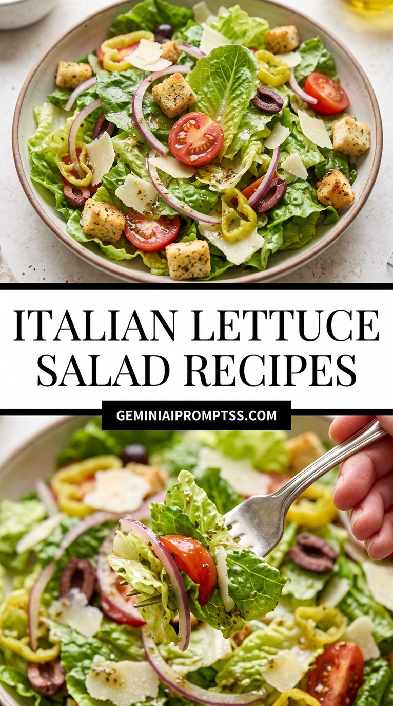 Italian Lettuce Salad Recipes showing lettuce, tomatoes, cucumber, red onion, dark olives, pepperoncini, croutons and Parmesan