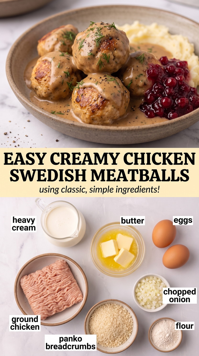 Chicken Swedish meatballs finished dish made with heavy cream, butter, and eggs