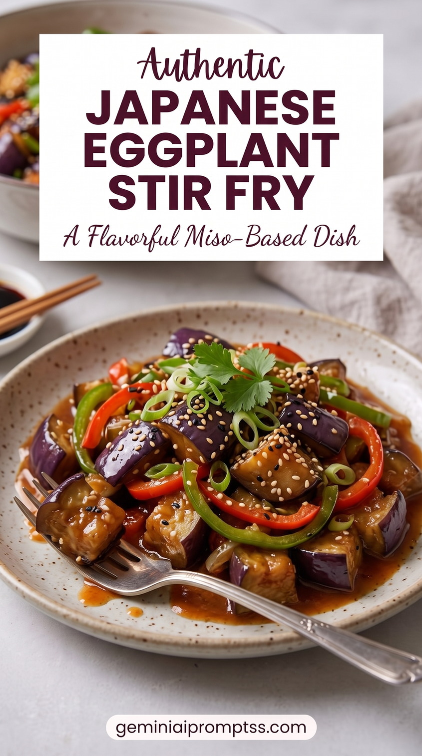 Japanese Miso Eggplant and Pepper Stir-Fry showing Japanese eggplant stir-fry with red and green peppers, glossy sauce, sesame, and scallions