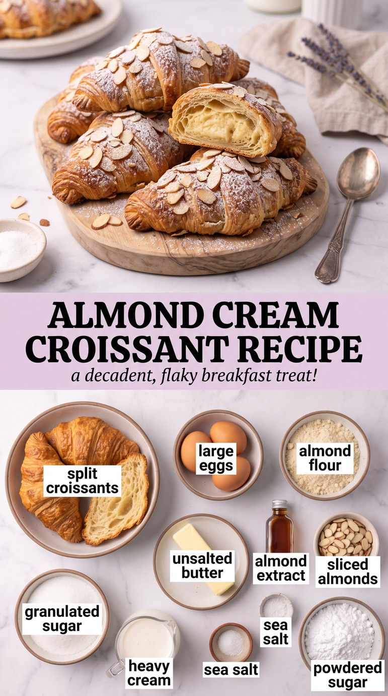 Almond Cream Croissant Recipe showing split croissants filled and topped with almond cream and sliced almonds