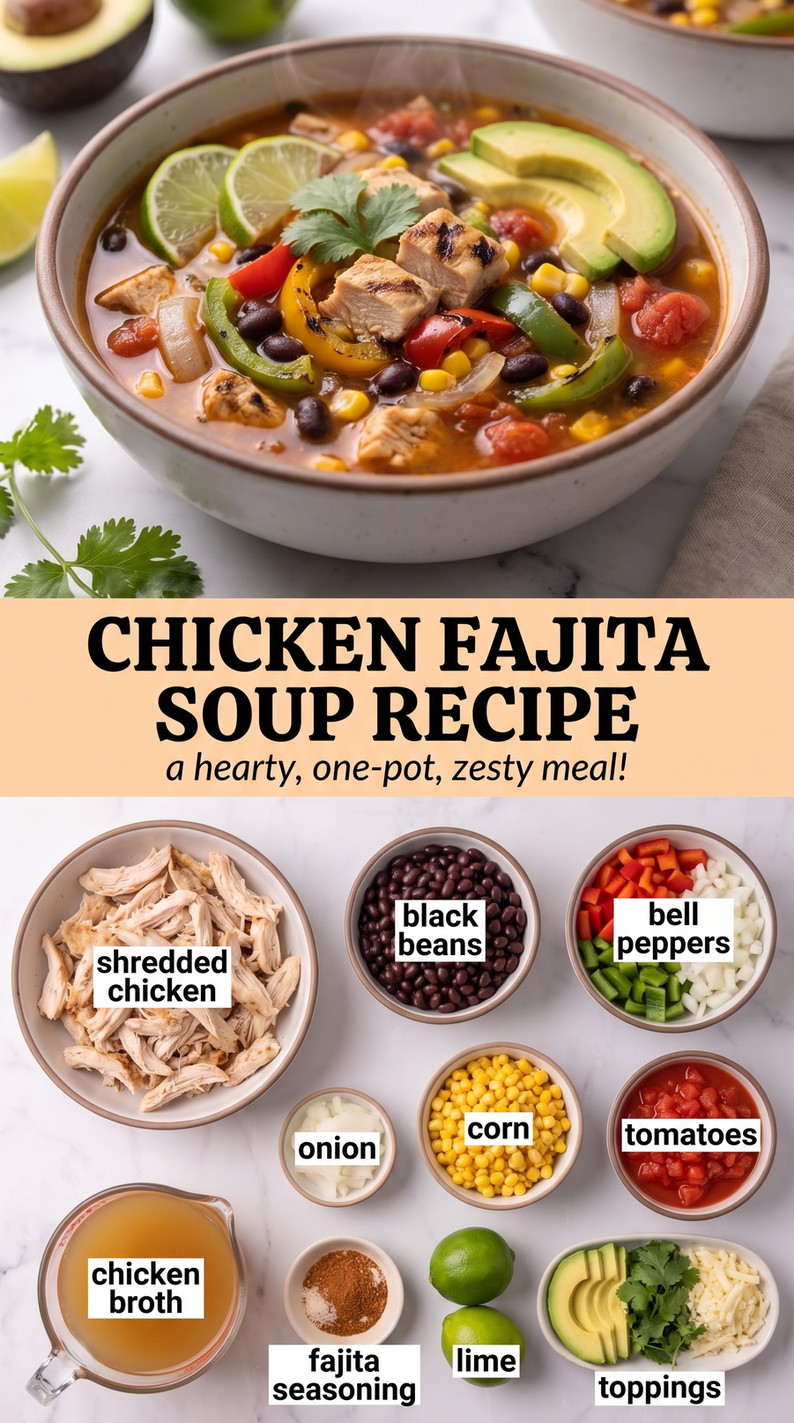 Chicken fajita soup recipe showing a hearty chicken fajita soup with peppers, beans, corn, and tomatoes