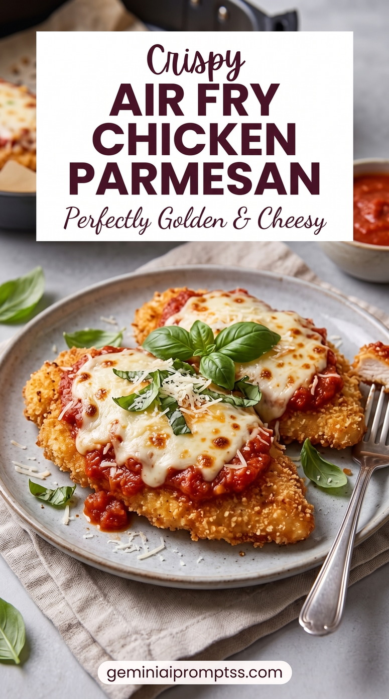 Air Fry Chicken Parmesan Recipe with golden chicken cutlets with a red tomato sauce, melted cheese, Parmesan, and a fresh green herb garnish