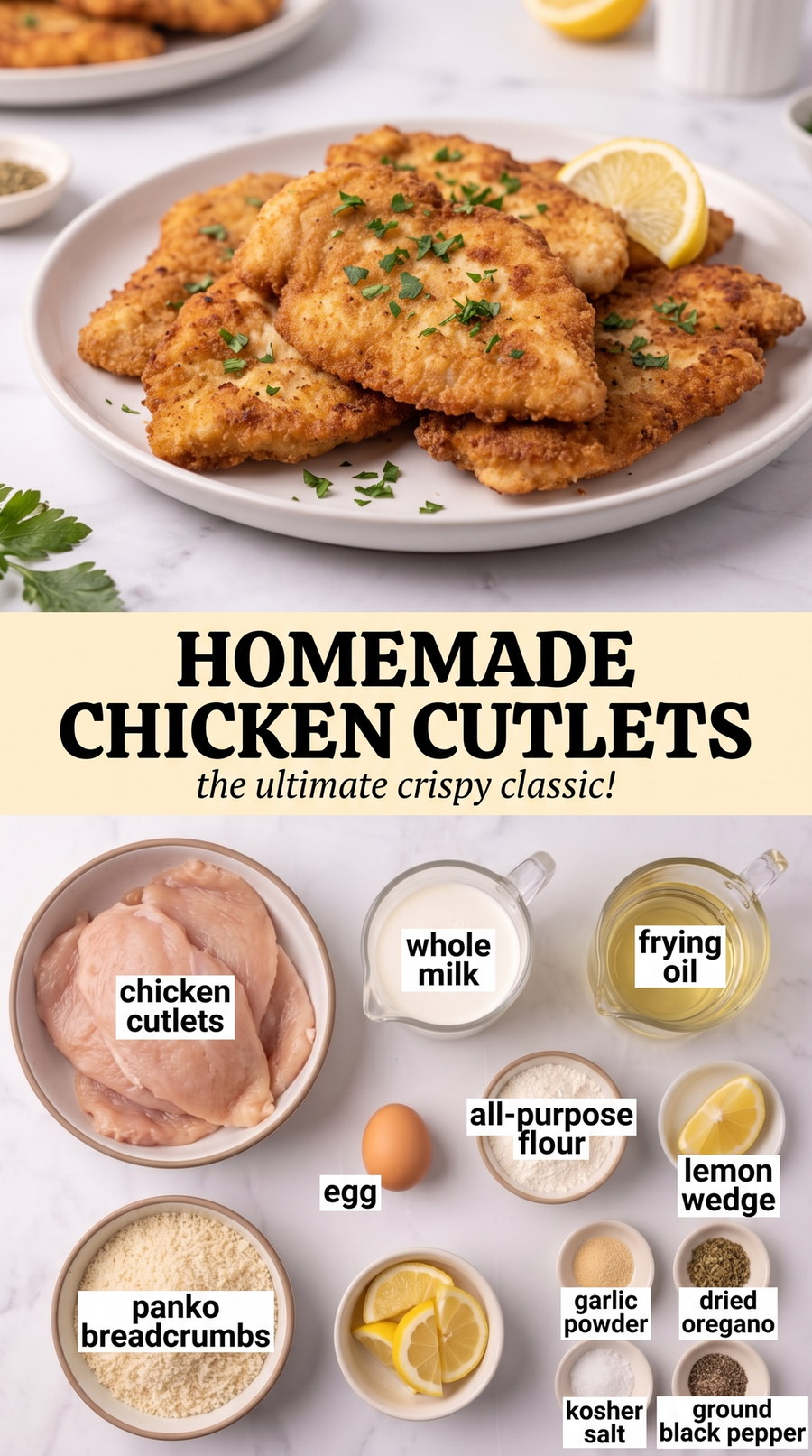 Crispy Chicken Cutlets with a Clear Frying Method prepared as a finished chicken cutlet recipe video recipe with browned cutlets ready to serve