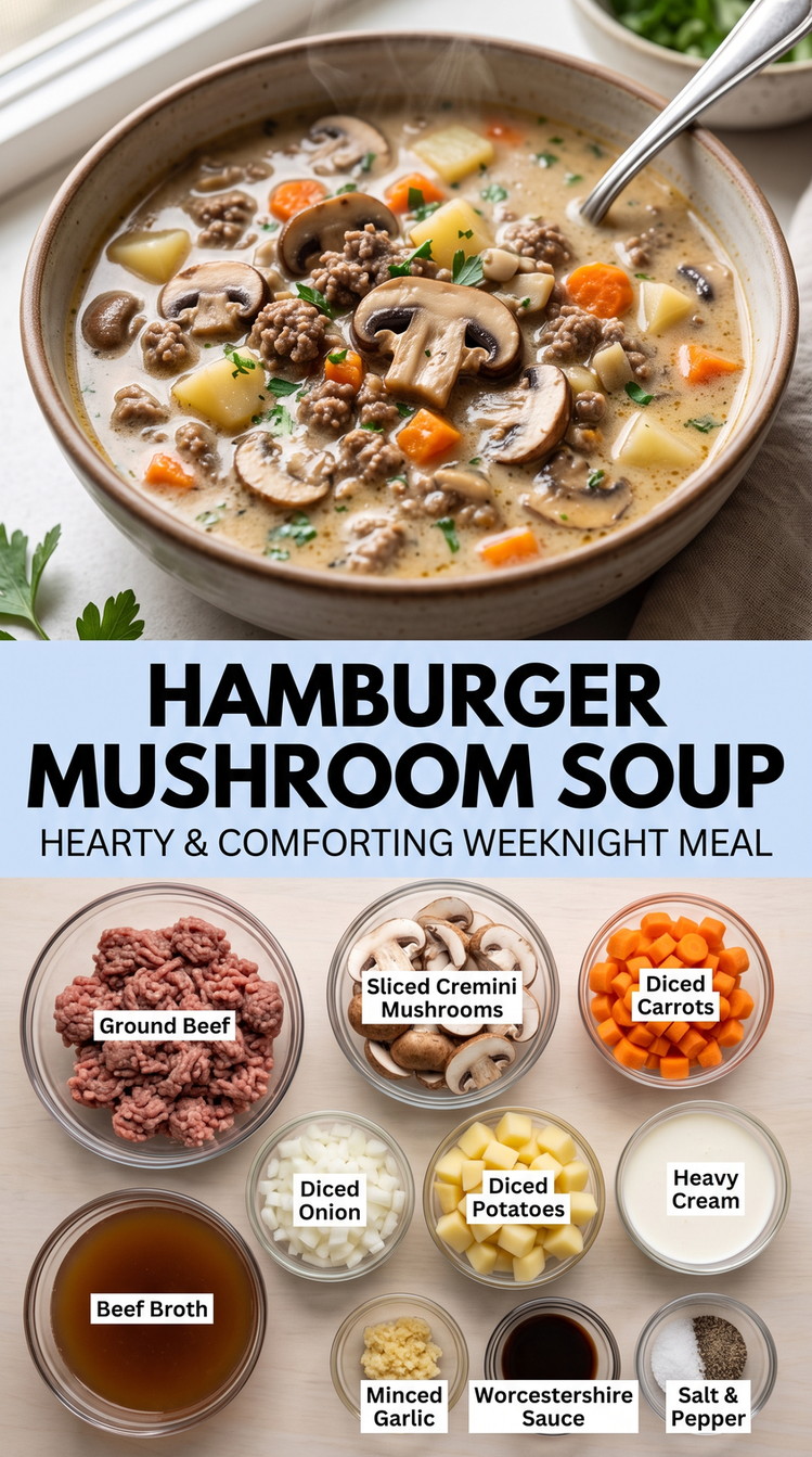 Hamburger Mushroom Soup with creamy hamburger mushroom soup with mushrooms, carrots, potatoes, onion, garlic, and beef broth