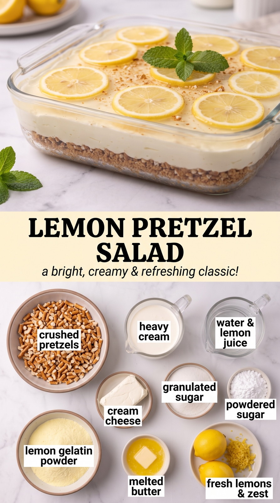 Lemon Pretzel Salad showing layered lemon pretzel salad with a crisp pretzel crust, creamy white center, and glossy fruit topping