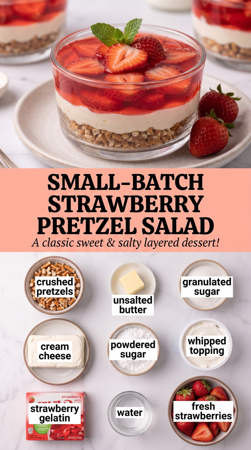 Small-batch Strawberry Pretzel Salad with small-batch strawberry pretzel salad with the classic crisp-creamy-fruity layers in an 8-inch pan