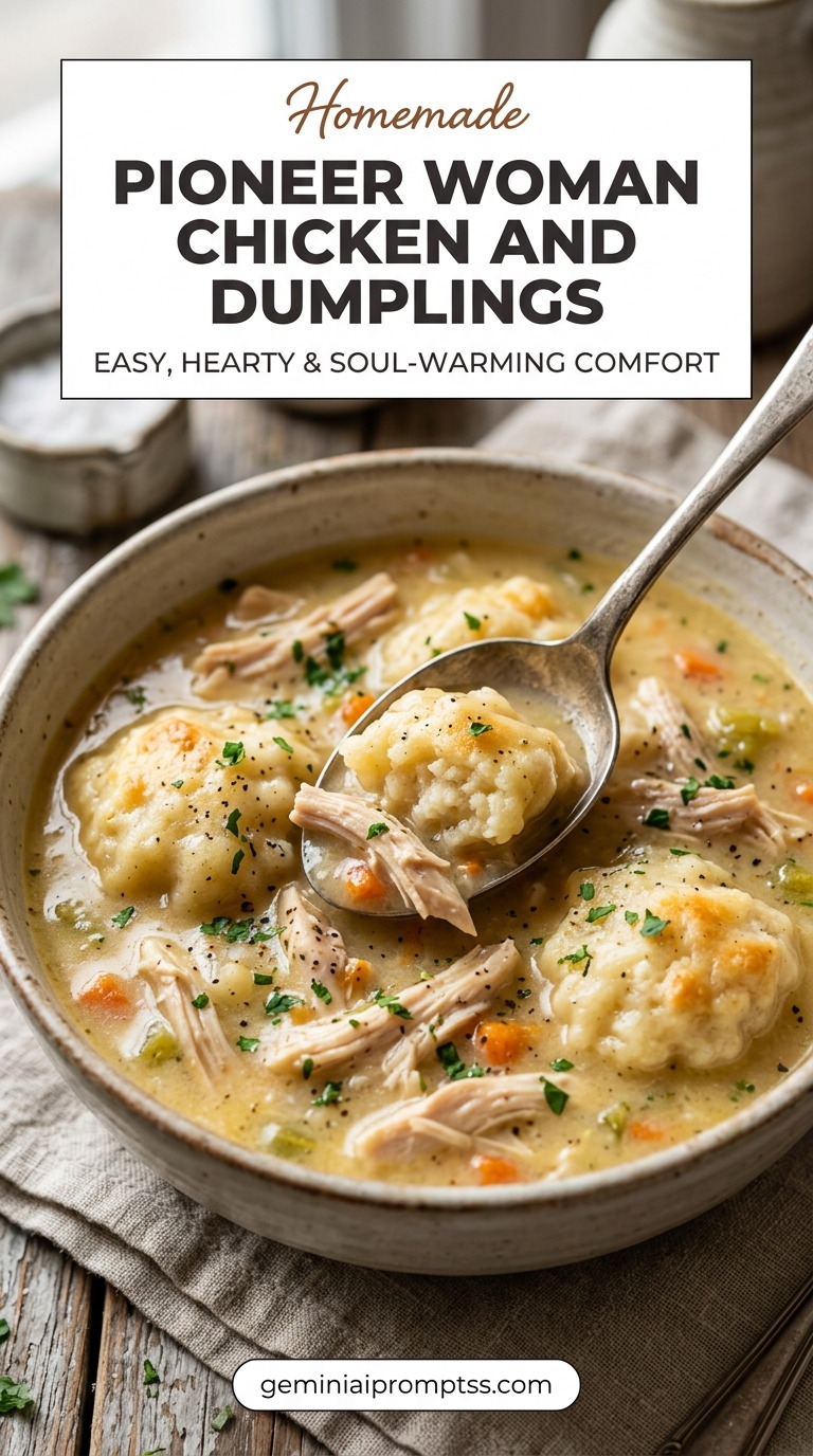 Pioneer Woman Chicken and Dumplings showing creamy chicken and dumplings with carrots, celery, rustic puffy dumplings, and a green herb garnish