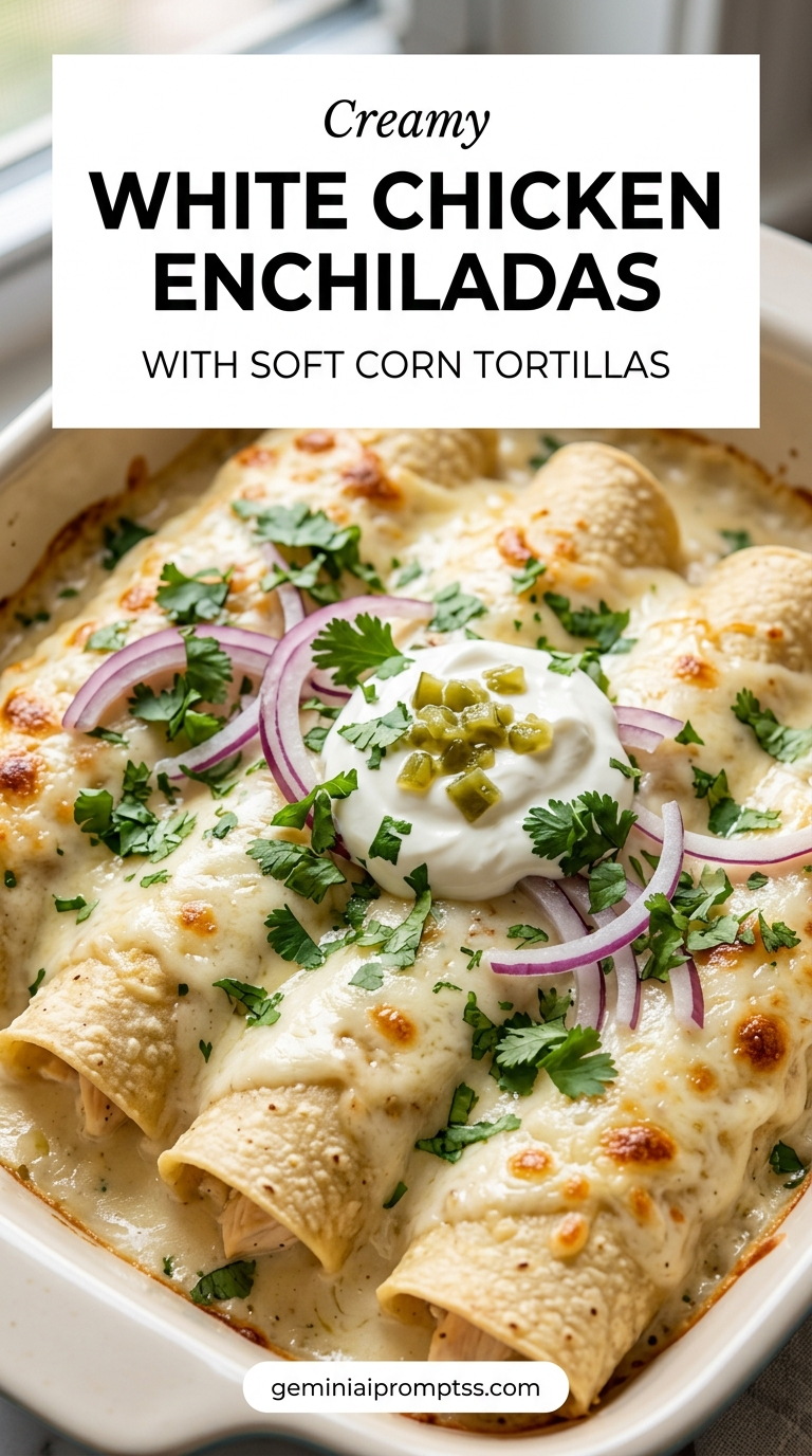White Chicken Enchiladas Corn Tortillas finished dish with shredded chicken, melted cheese