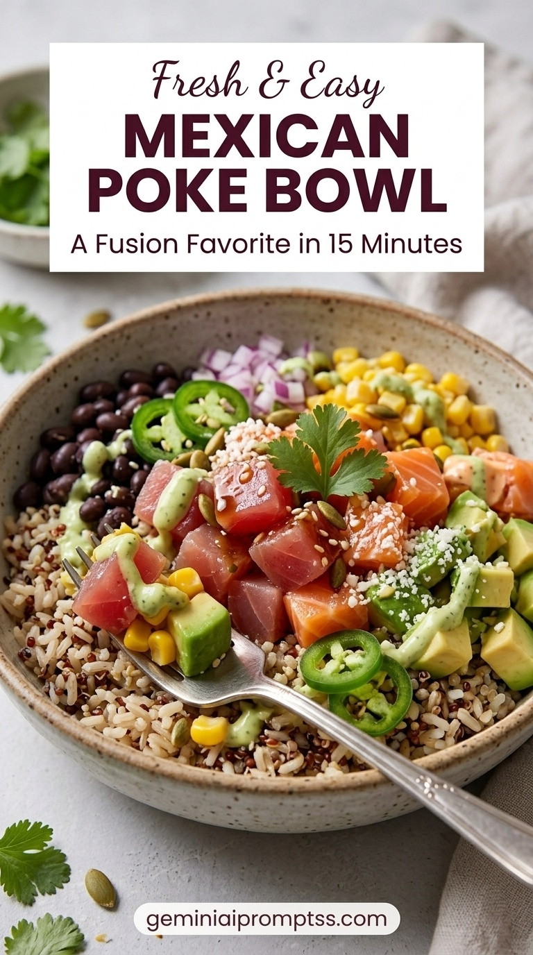 Mexican Poke Bowl showing ahi tuna with brown rice, black beans, corn, avocado, jalapeño, cucumber, red onion, cilantro, cotija, and lime