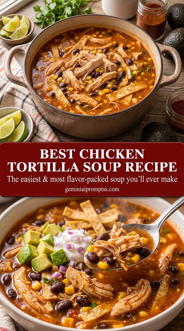 Best Chicken Tortilla Soup Recipe with red chicken tortilla soup with black beans, corn, crisp tortilla strips, avocado, and fresh green garnish