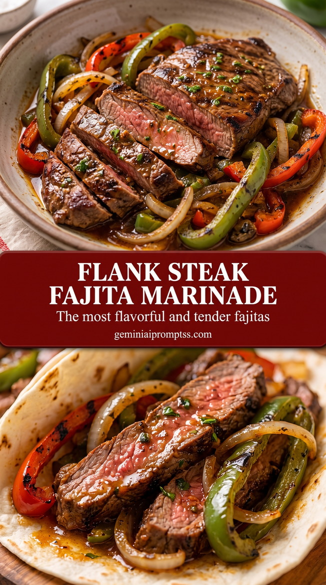 Flank steak fajita marinade showing seared fajita protein with colorful peppers and onions