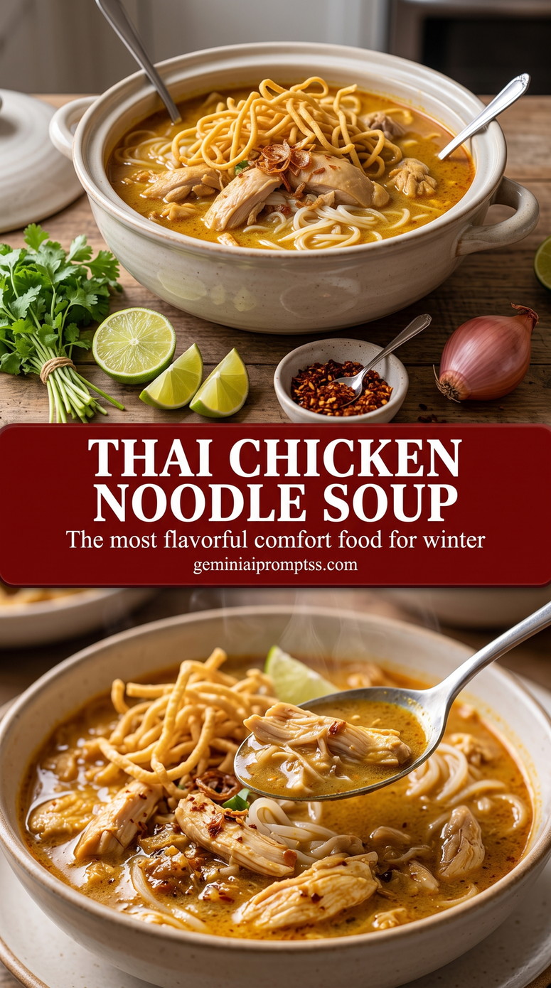 Thai Coconut-Lime Chicken Noodle Soup finished dish with creamy light broth, noodles, chicken, red pepper, lime, and green herbs