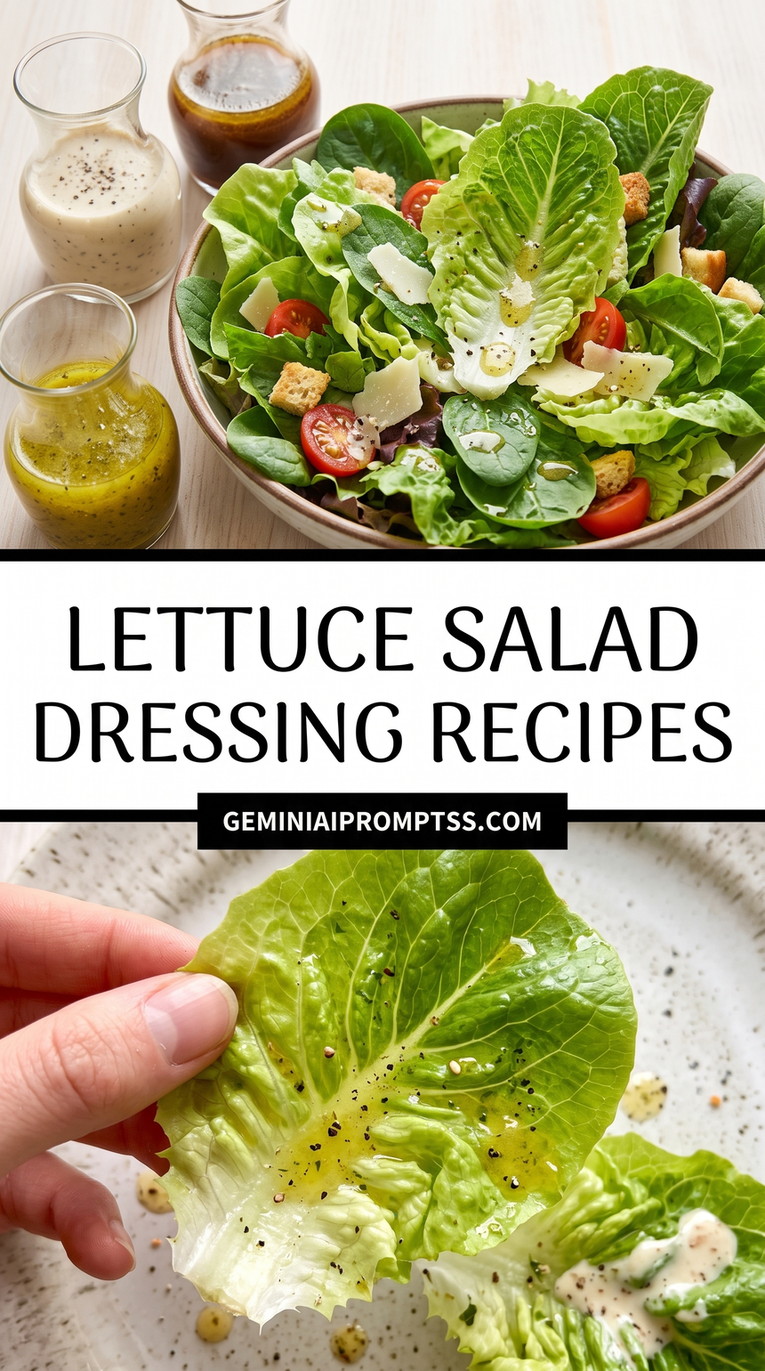 Lettuce Salad Dressing Recipes showing large bowl of crisp lettuce and vegetables with several dressing bottles shown nearby