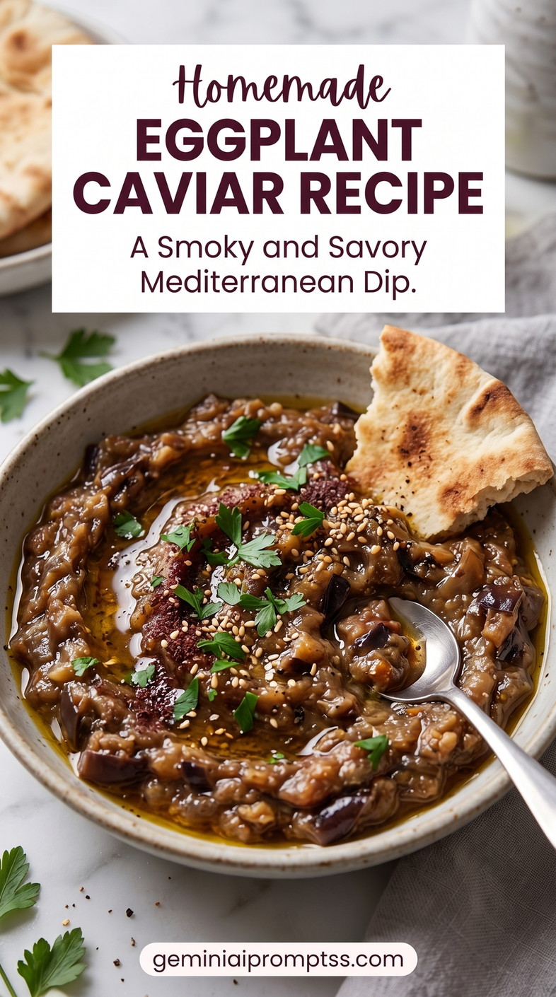 Smoky Eggplant Caviar showing chunky smoky eggplant caviar with herbs and pita