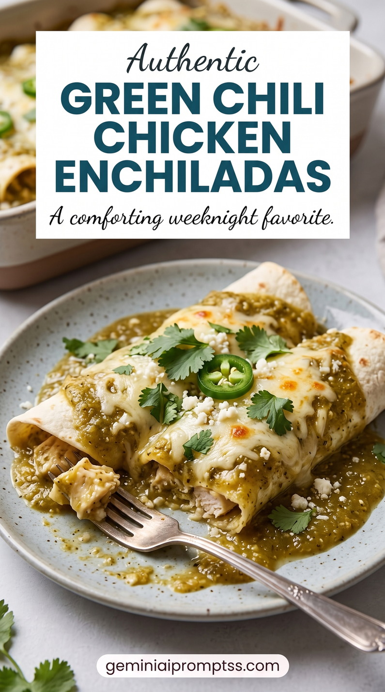 Green Chili Chicken Enchiladas Recipe with rolled chicken-filled tortillas, a pale creamy sauce, melted cheese, green chile or herb garnish, and lightly browned edges