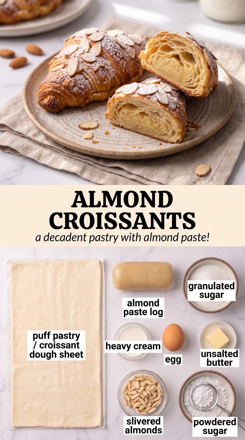 Almond Croissant Recipe with Almond Paste showing almond-paste-filled croissants with flaky pastry, glossy tops and sliced almonds