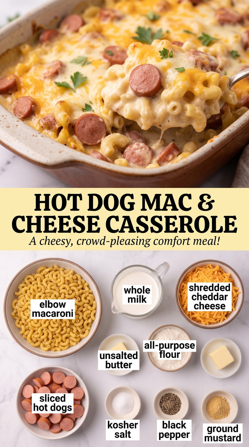 Hot Dog Mac and Cheese Casserole with classic hot-dog macaroni and cheese baked until creamy, bubbly, and lightly browned