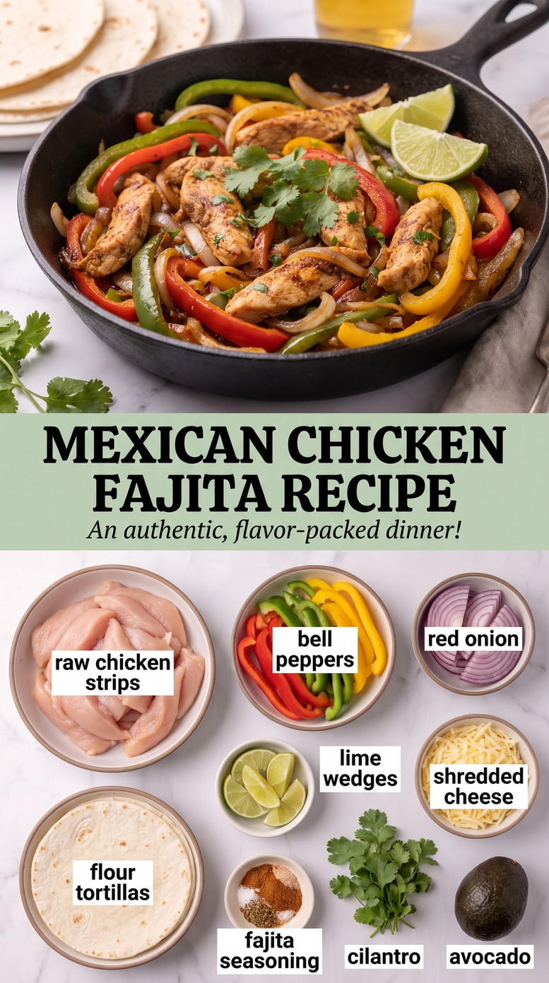 Mexican chicken fajita recipe showing seared fajita meat with colorful peppers and onions