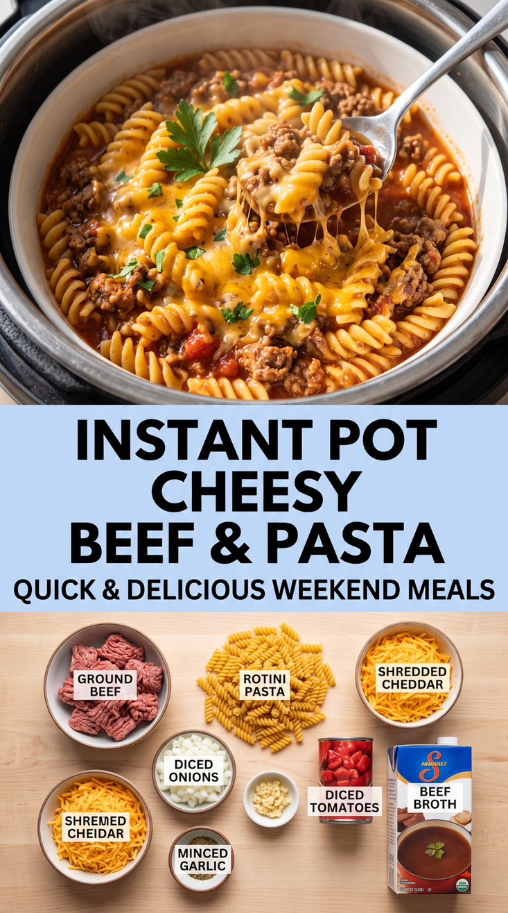 Instant Pot Hamburger Meat Recipes with Instant Pot cheesy beef and rotini with tomatoes, onion, garlic, and cheddar