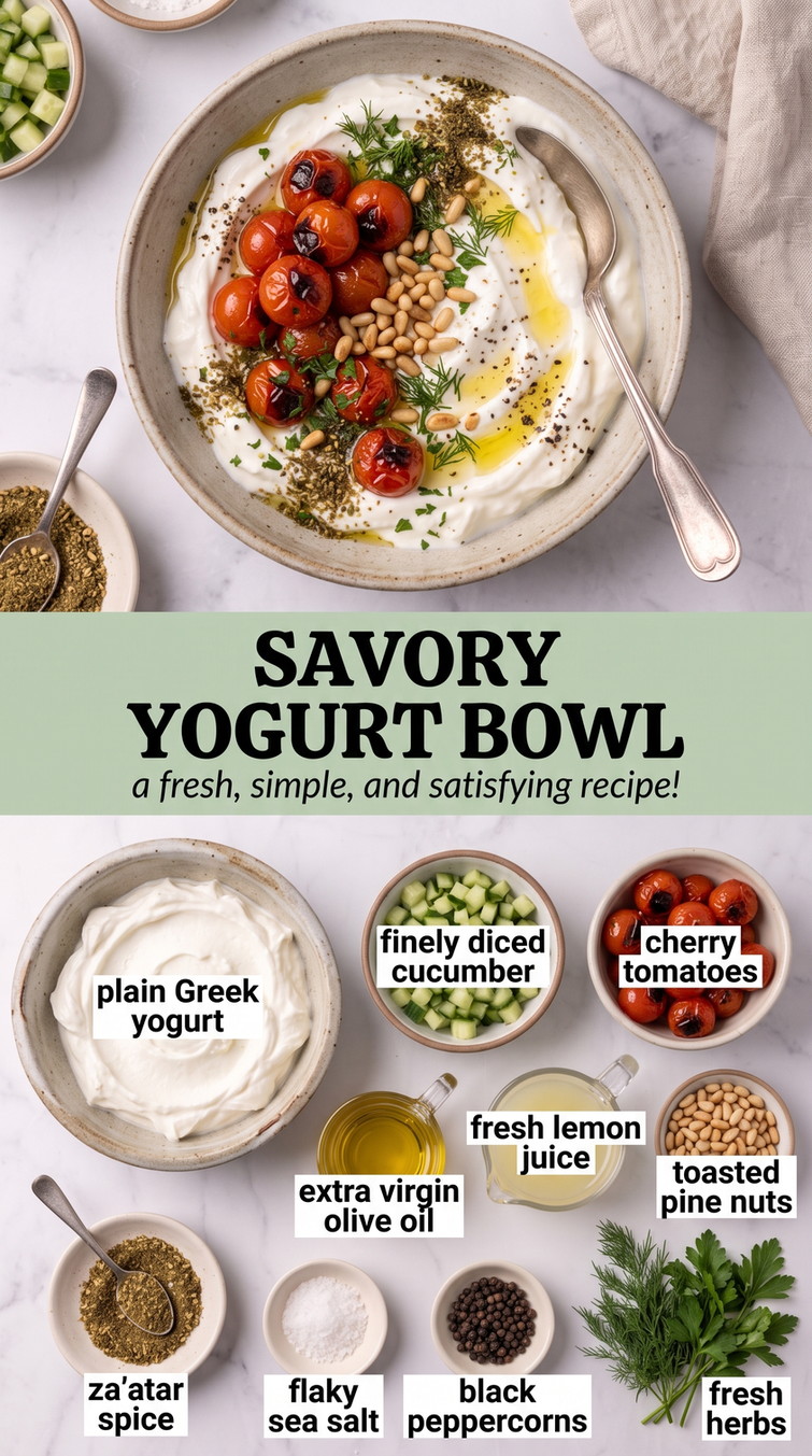 Savory Yogurt Bowl showing savory Greek yogurt with cucumber, cherry tomatoes, olive oil, pine nuts, za'atar, and herbs
