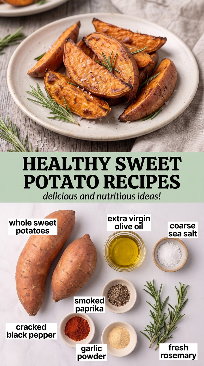 Healthy sweet potato recipes finished dish made with whole sweet potatoes, extra-virgin olive oil, and coarse sea salt