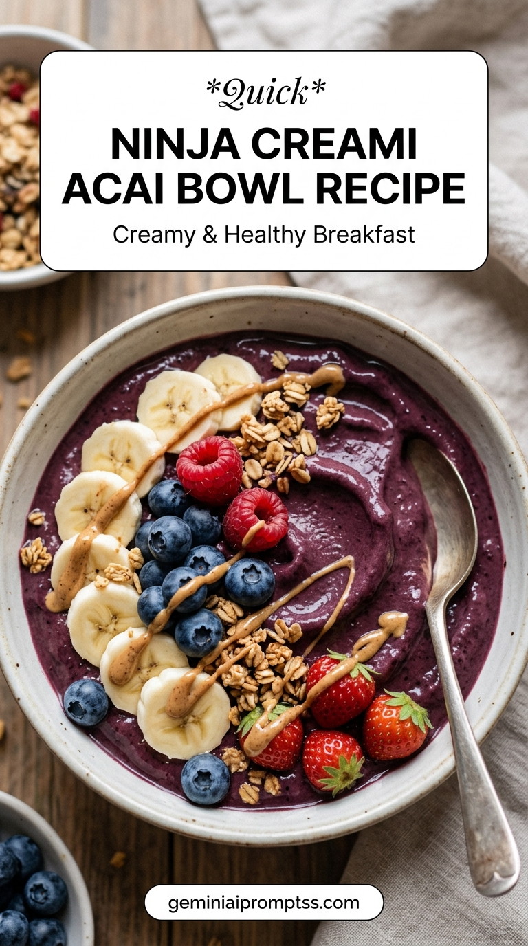 Ninja Creami Acai Bowl Recipe showing a very smooth purple Ninja Creami acai bowl topped with banana, strawberries, raspberries, blueberries, granola, and almond butter