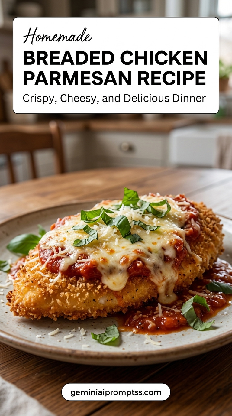 Breaded Chicken Parmesan Recipe finished dish with marinara sauce, melted cheese