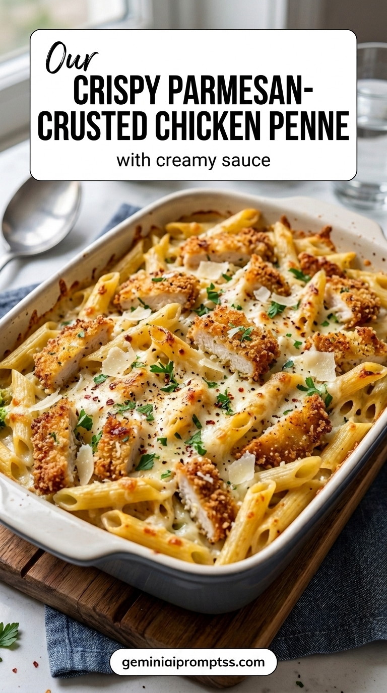 Crispy Parmesan-Crusted Chicken Penne With Creamy Sauce finished recipe with penne that holds creamy sauce