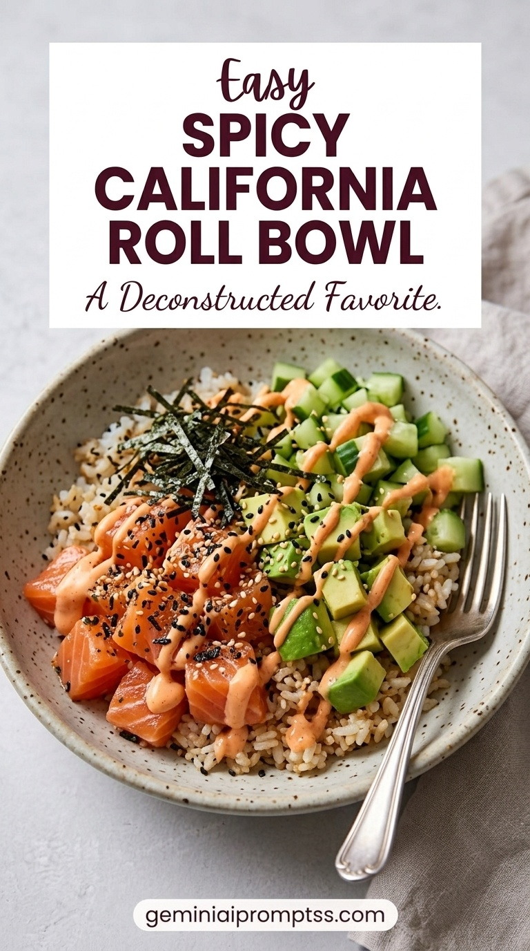 Spicy California Roll Bowl showing sushi rice with imitation crab, salmon, avocado, cucumber, spicy mayonnaise, nori, sesame, and green onion